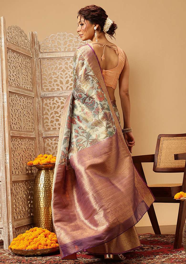 Teal Blue Embroidered Muga Silk Saree Set - Indya