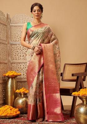 Pink Embroidered Muga Silk Saree Set