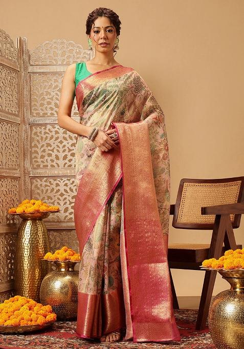 Pink Embroidered Muga Silk Saree Set