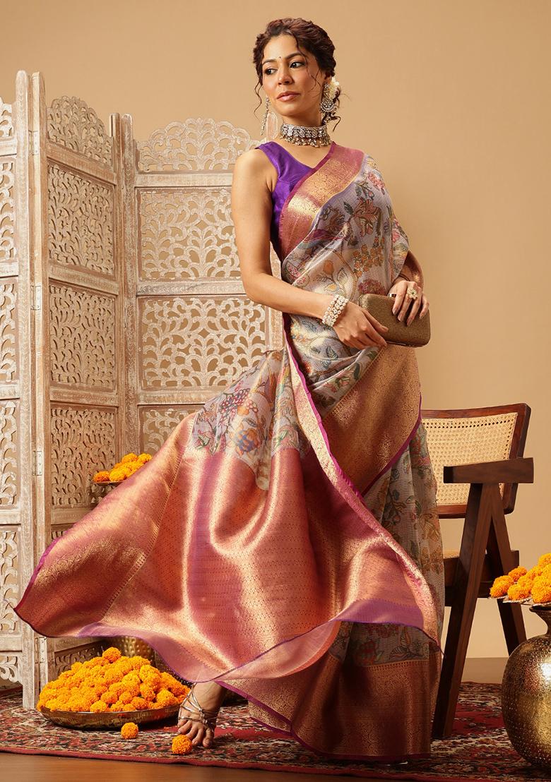 Lavender Embroidered Muga Silk Saree Set