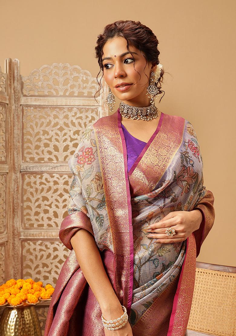 Lavender Embroidered Muga Silk Saree Set