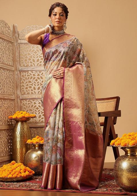 Lavender Embroidered Muga Silk Saree Set