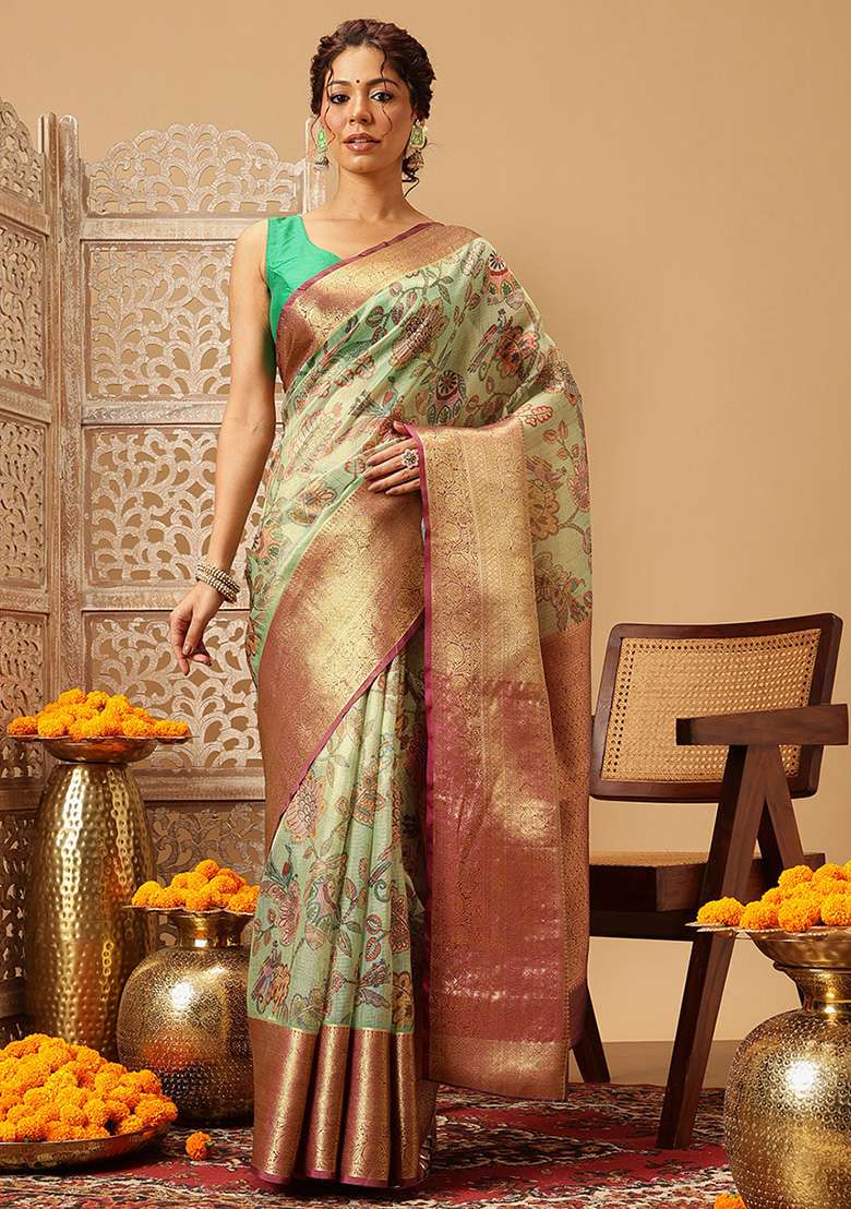Green Embroidered Muga Silk Saree Set - Indya