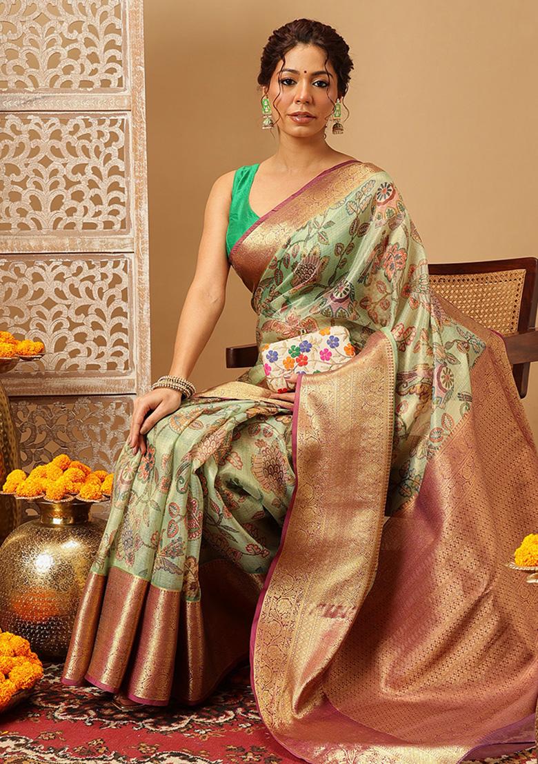 Green Embroidered Muga Silk Saree Set