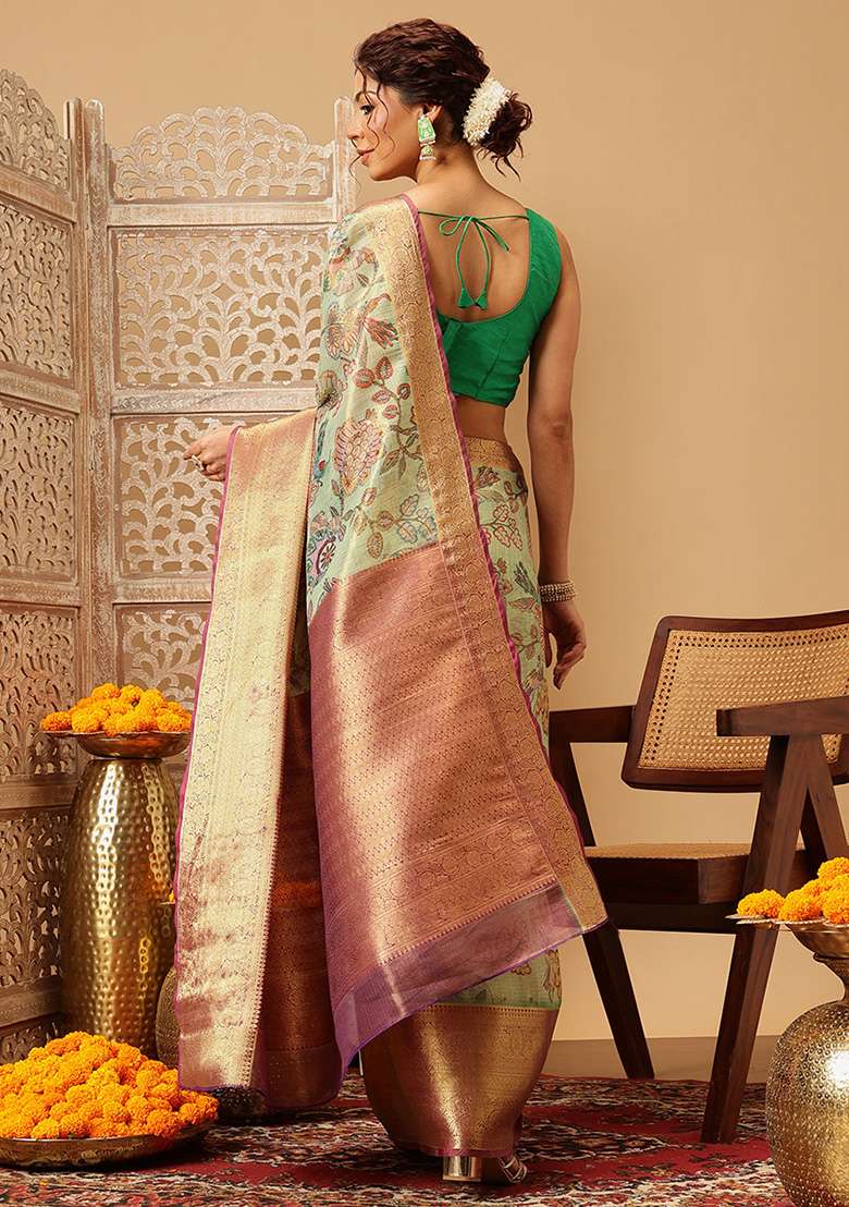 Green Embroidered Muga Silk Saree Set - Indya
