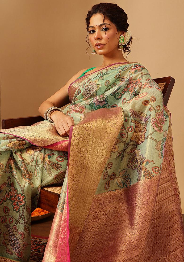 Green Embroidered Muga Silk Saree Set