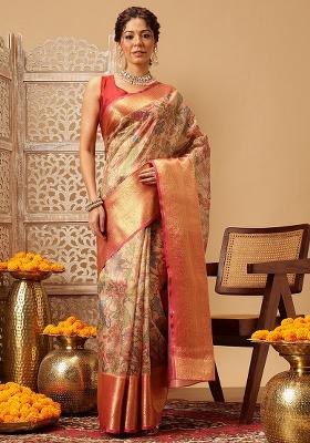 Peach Embroidered Muga Silk Saree Set