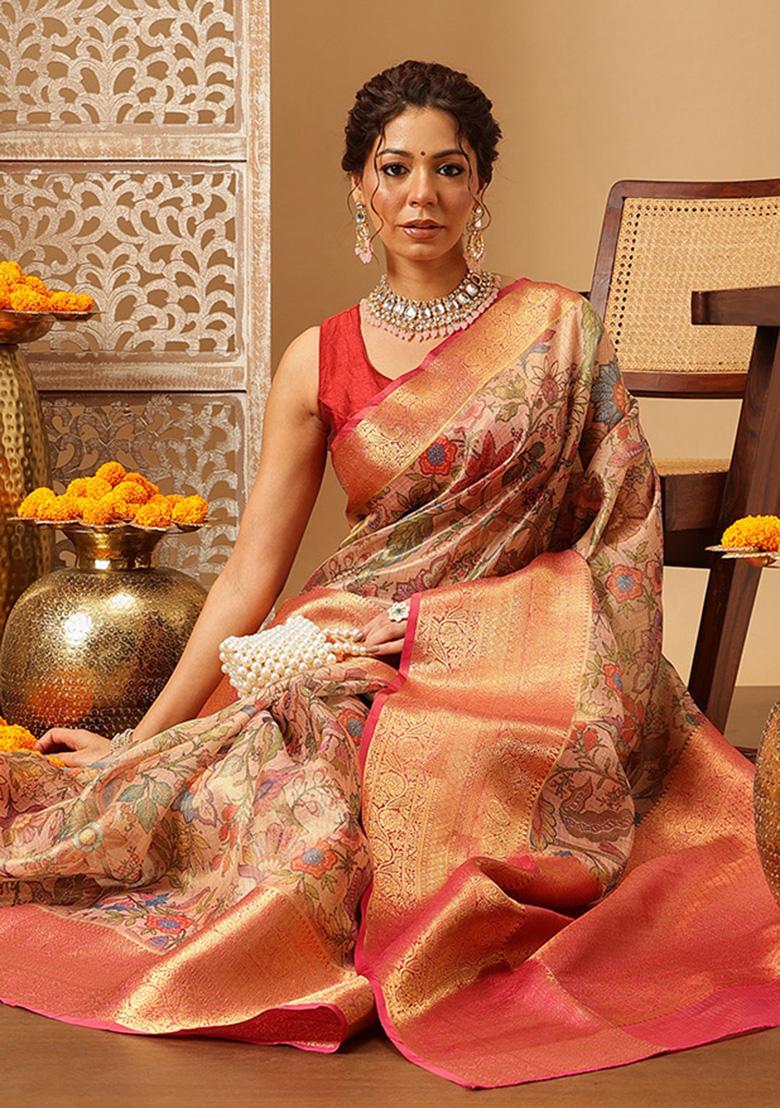 Peach Embroidered Muga Silk Saree Set