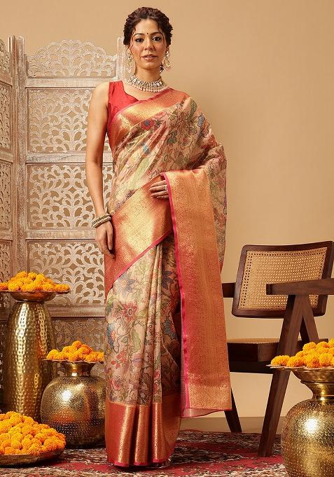 Peach Embroidered Muga Silk Saree Set
