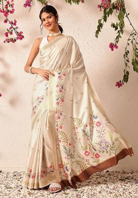 Beige Embroidered Art Silk Saree Set