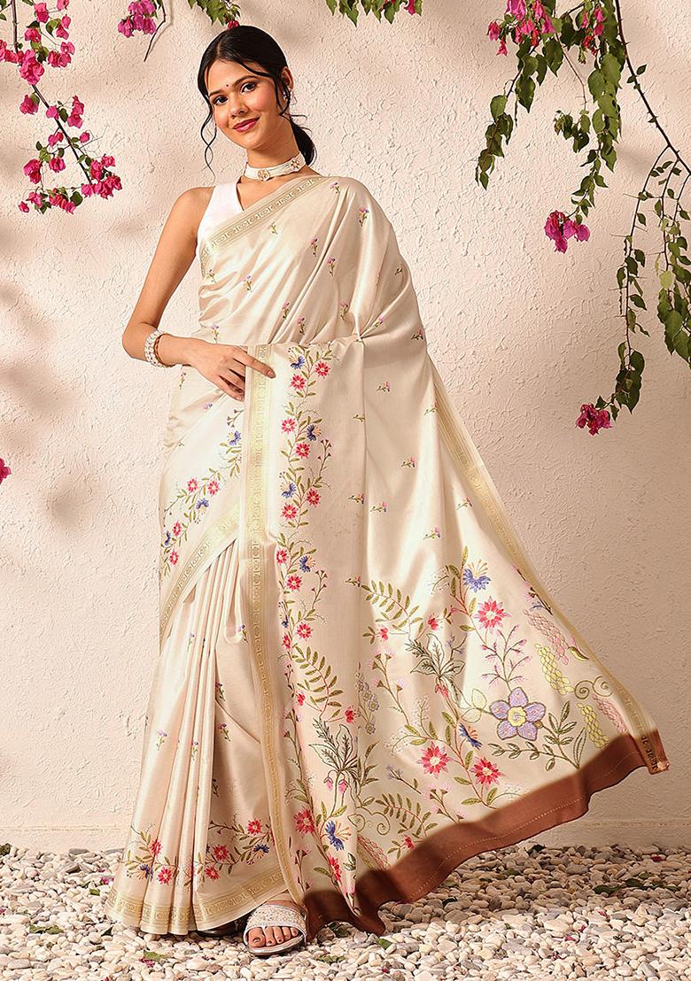 Beige Embroidered Art Silk Saree Set - Indya