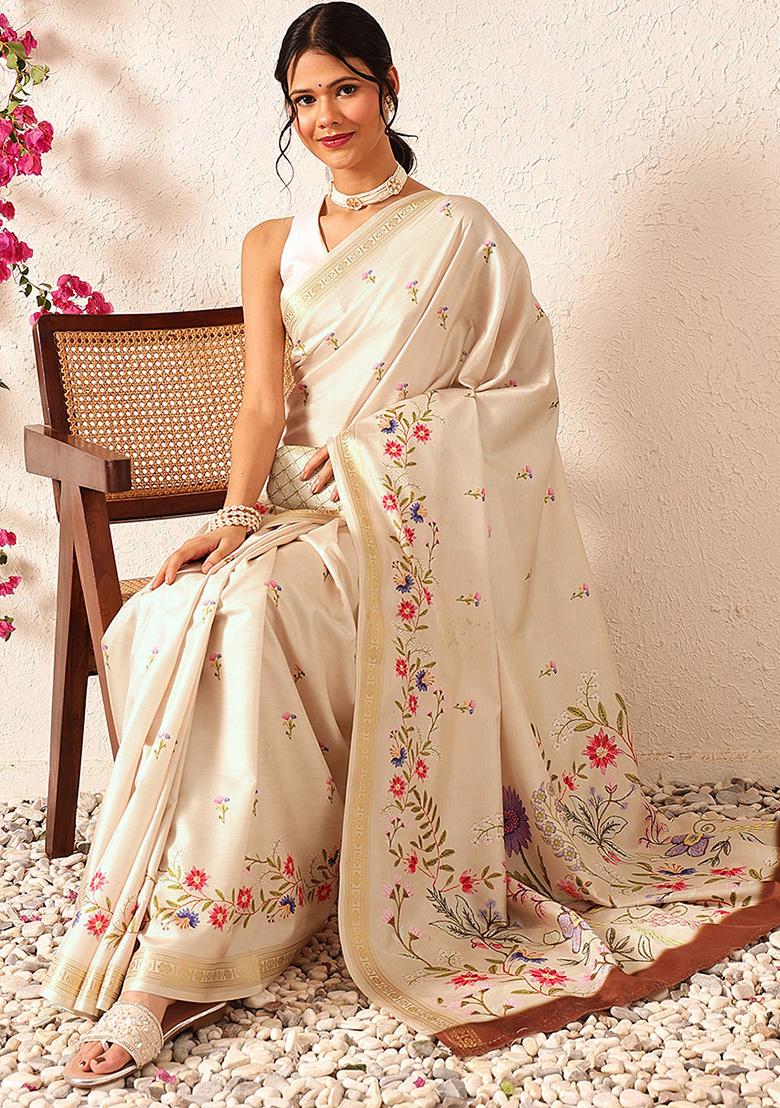 Beige Embroidered Art Silk Saree Set