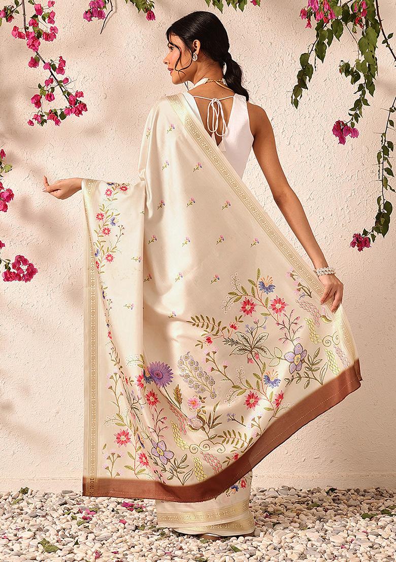 Beige Embroidered Art Silk Saree Set - Indya