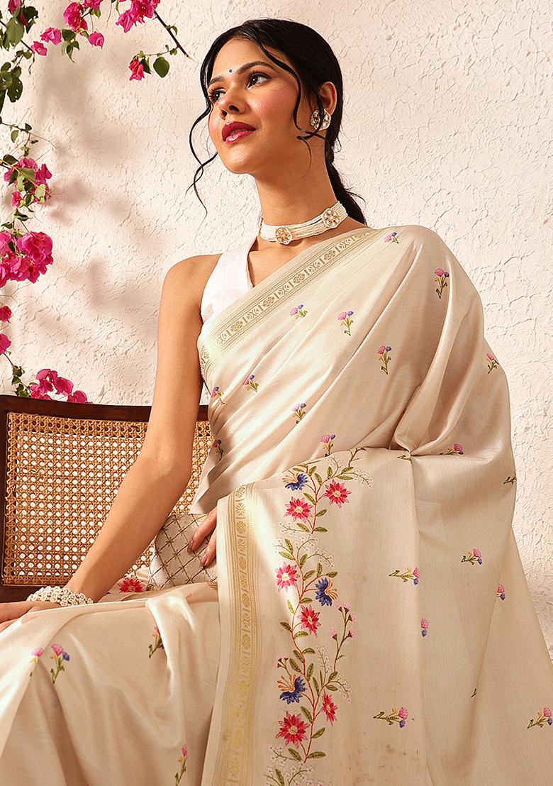 Beige Embroidered Art Silk Saree Set