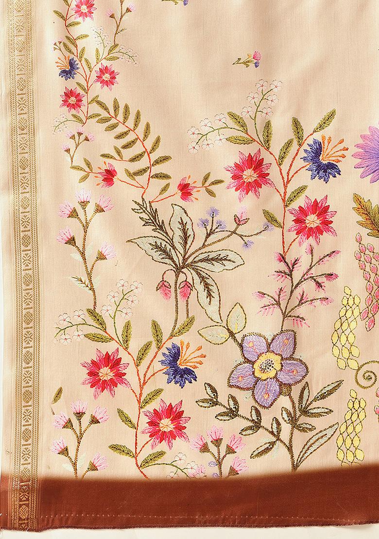 Beige Embroidered Art Silk Saree Set - Indya