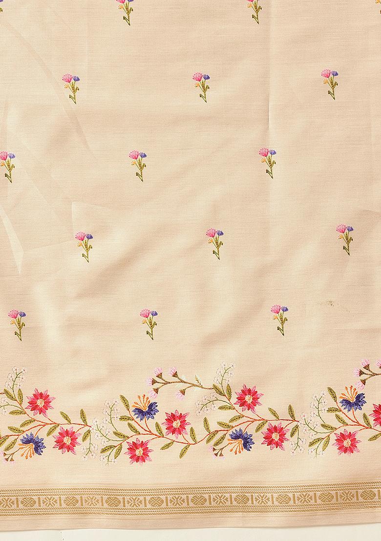 Beige Embroidered Art Silk Saree Set - Indya