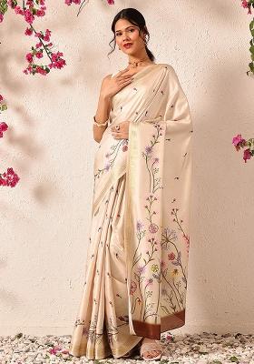 Beige Embroidered Art Silk Saree Set