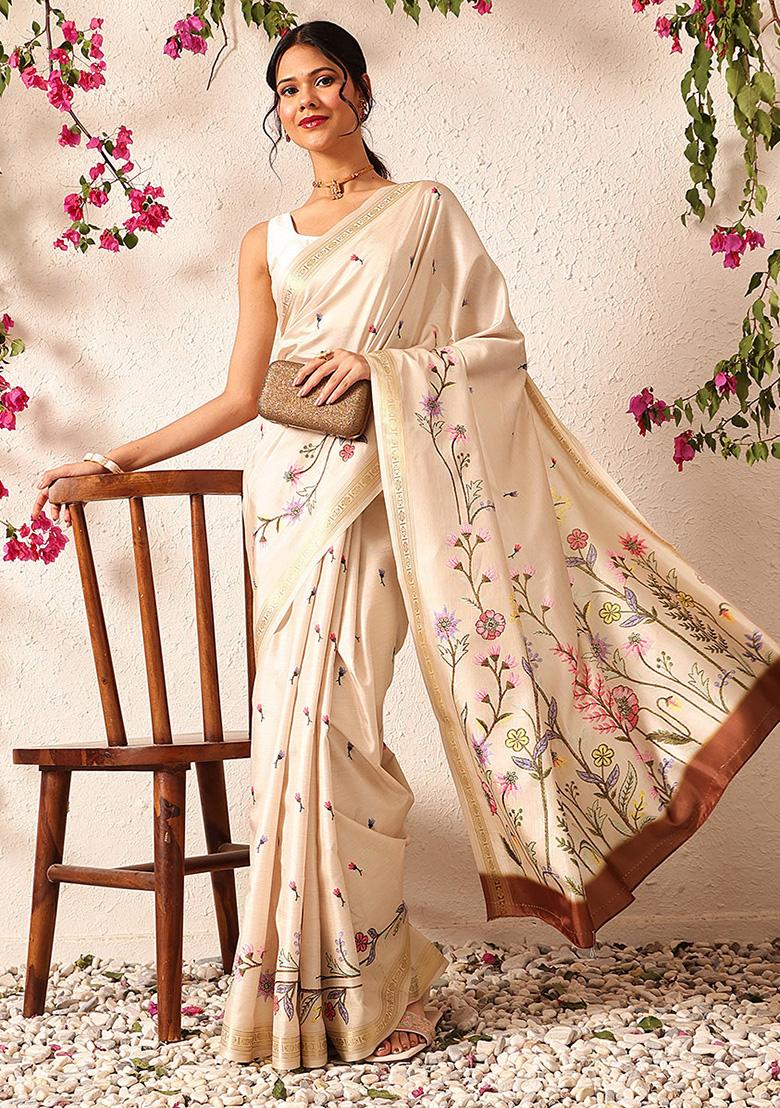 Beige Embroidered Art Silk Saree Set
