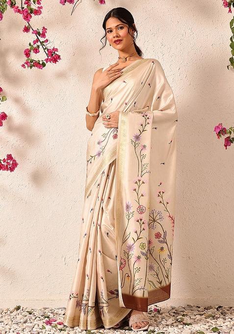 Beige Embroidered Art Silk Saree Set