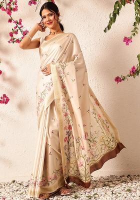 Beige Embroidered Art Silk Saree Set