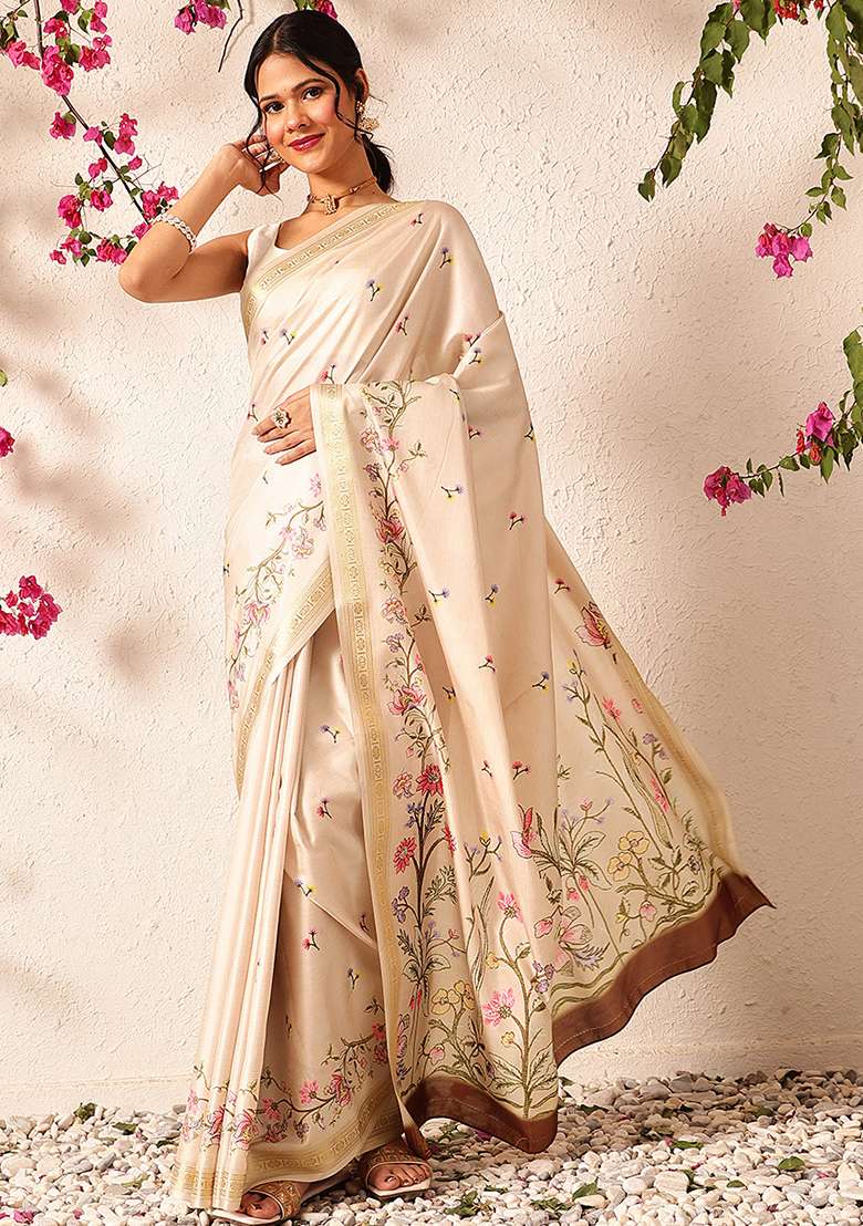 Beige Embroidered Art Silk Saree Set - Indya