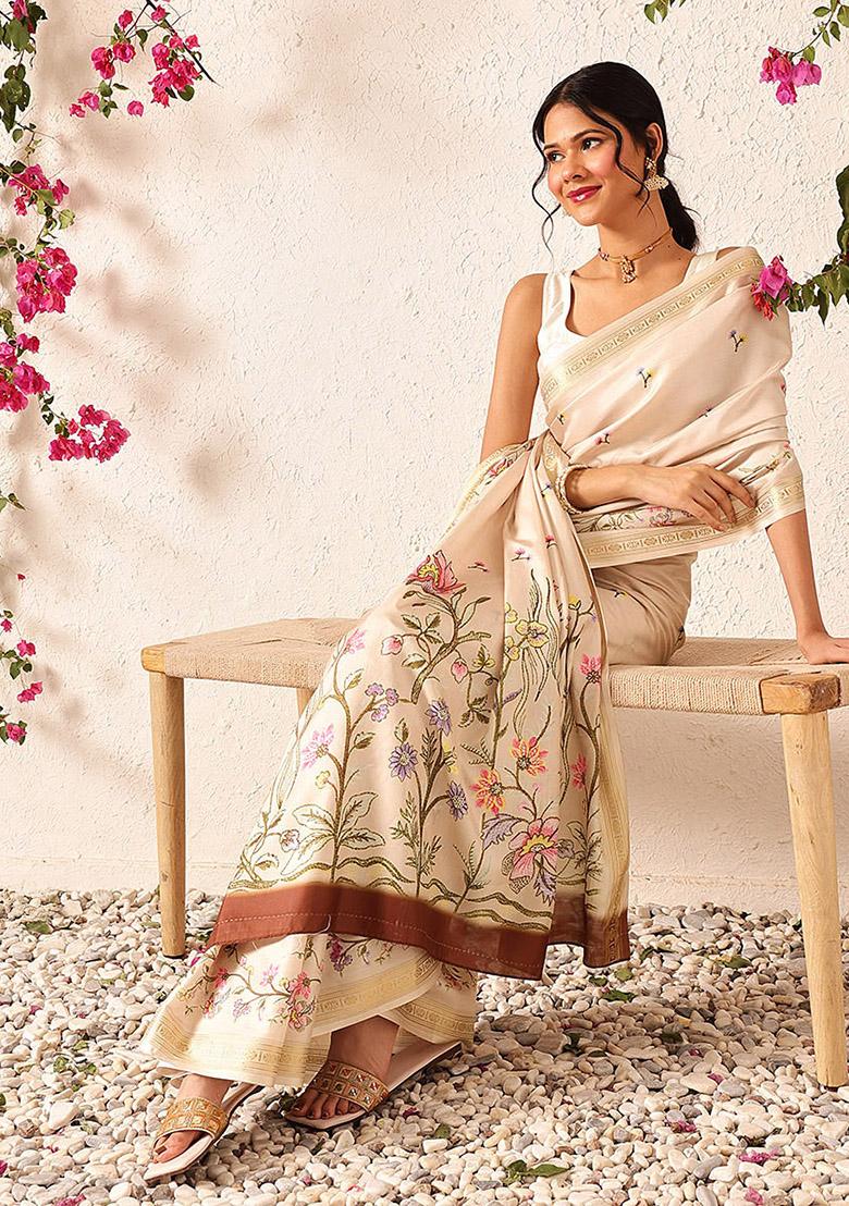 Beige Embroidered Art Silk Saree Set