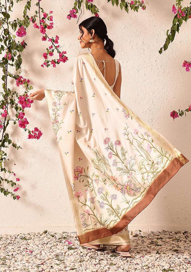 Beige Embroidered Art Silk Saree Set - Indya