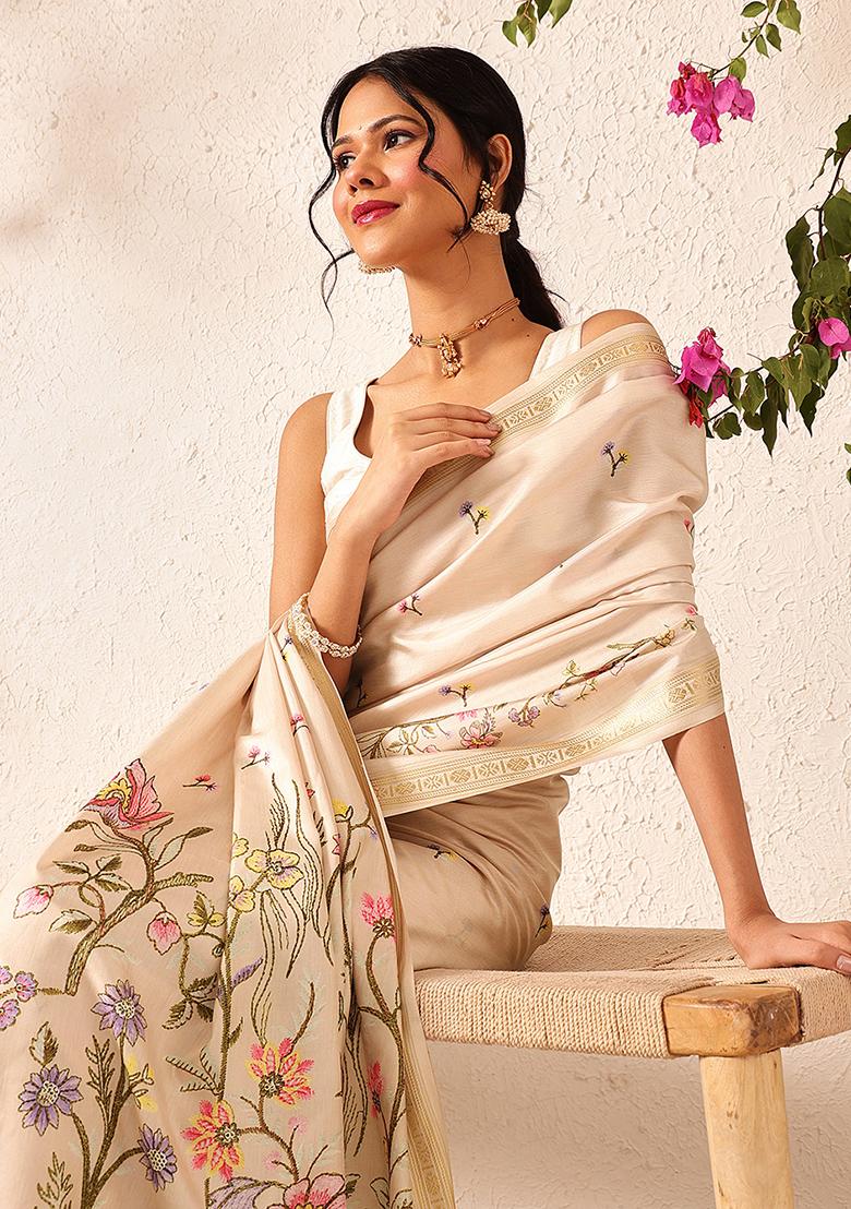 Beige Embroidered Art Silk Saree Set