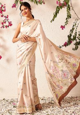Beige Embroidered Art Silk Saree Set