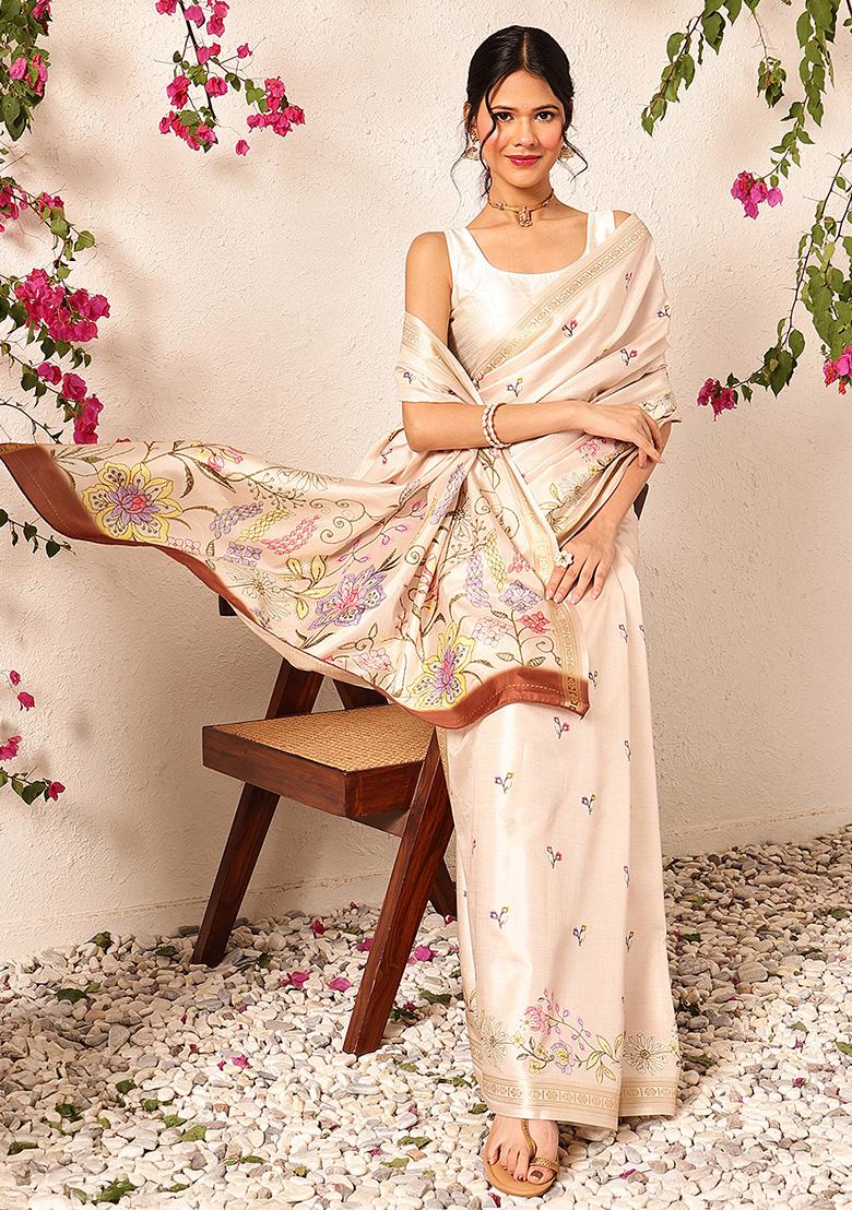 Beige Embroidered Art Silk Saree Set