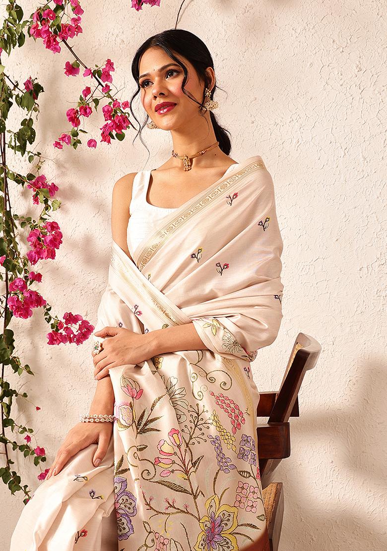Beige Embroidered Art Silk Saree Set