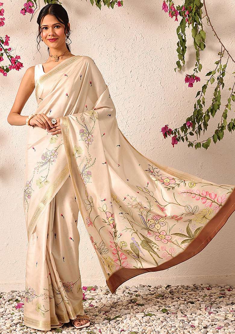 Beige Embroidered Art Silk Saree Set - Indya