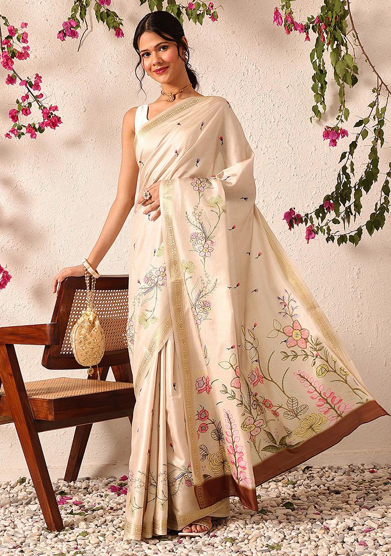 Beige Embroidered Art Silk Saree Set
