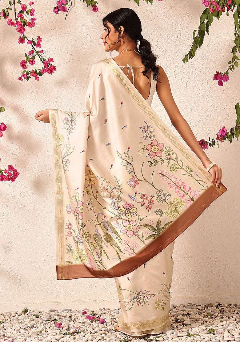 Beige Embroidered Art Silk Saree Set - Indya
