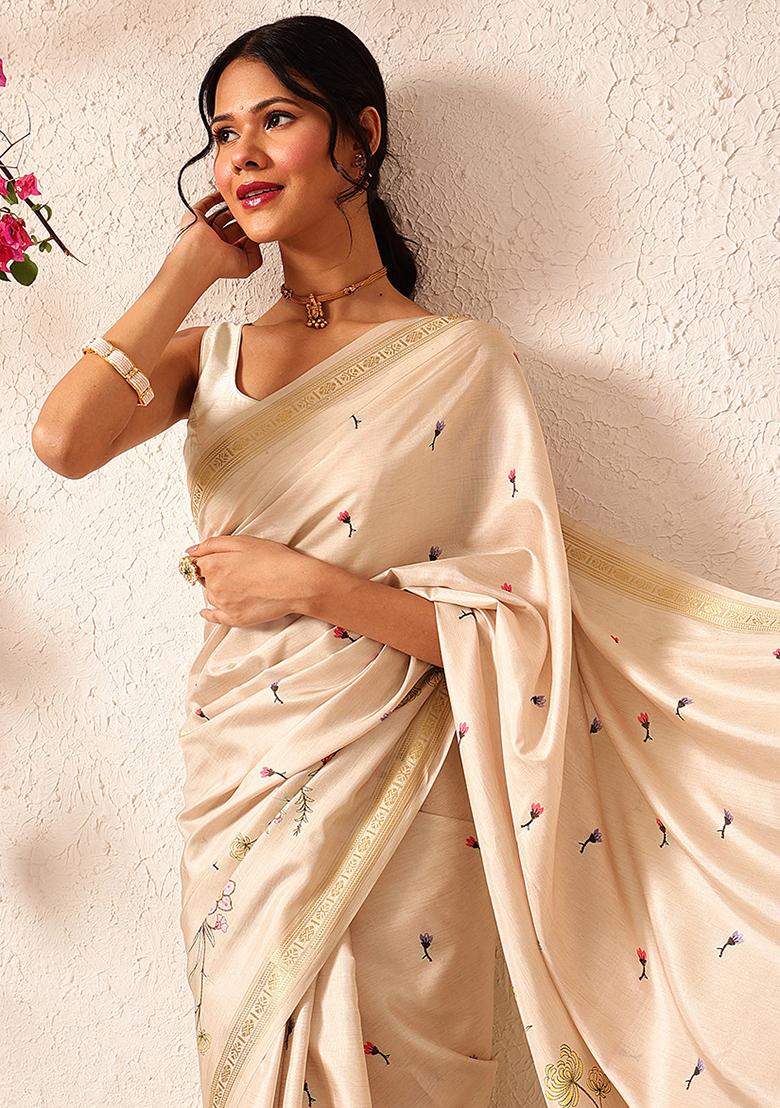 Beige Embroidered Art Silk Saree Set