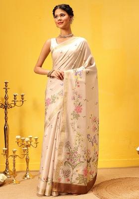 Beige Embroidered Art Silk Saree Set