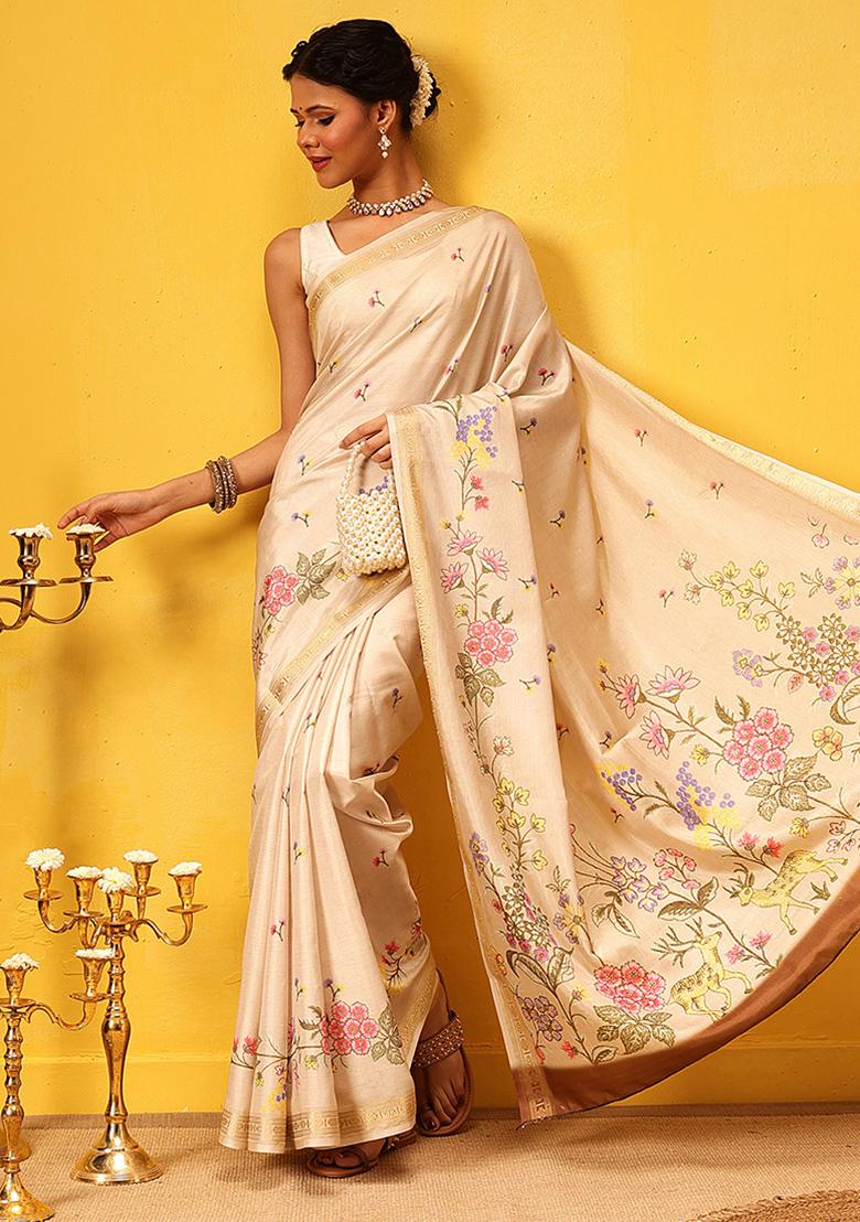 Beige Embroidered Art Silk Saree Set