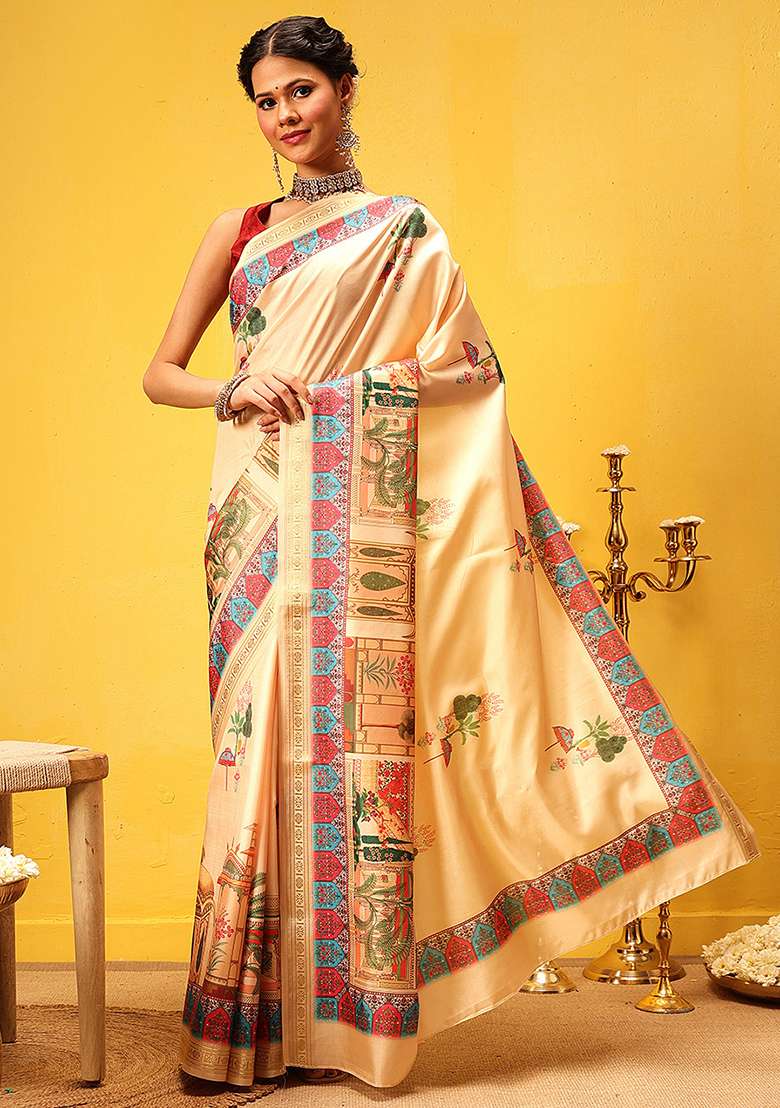 Beige Embroidered Art Silk Saree Set - Indya
