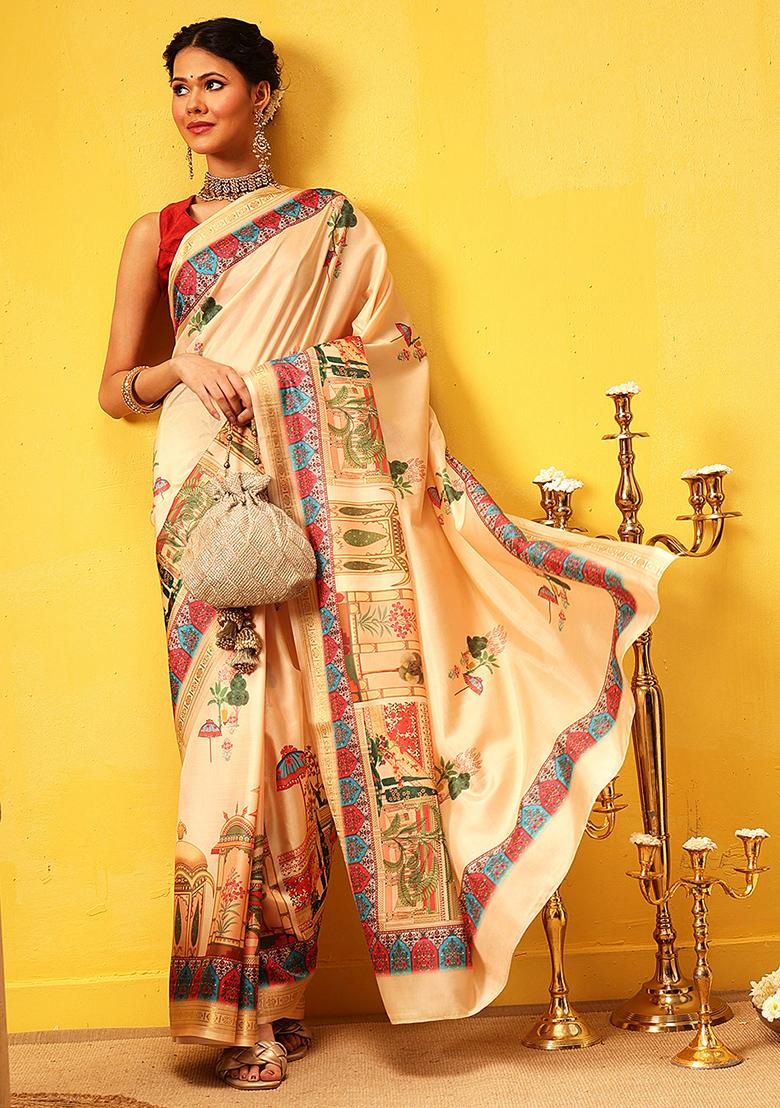 Beige Embroidered Art Silk Saree Set