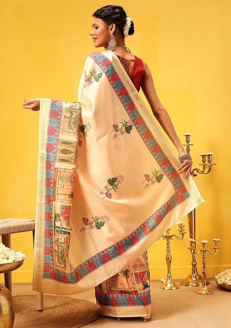 Beige Embroidered Art Silk Saree Set - Indya