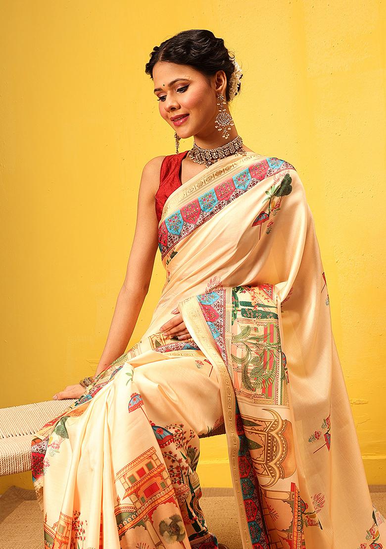 Beige Embroidered Art Silk Saree Set