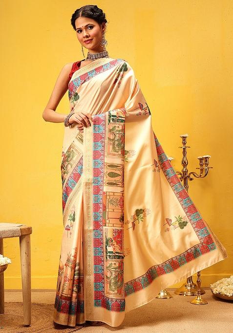 Beige Embroidered Art Silk Saree Set