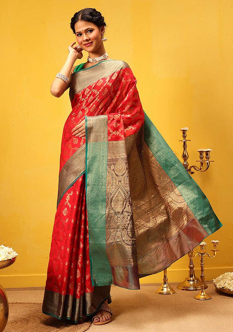 Red Embroidered Soft Silk Saree Set - Indya