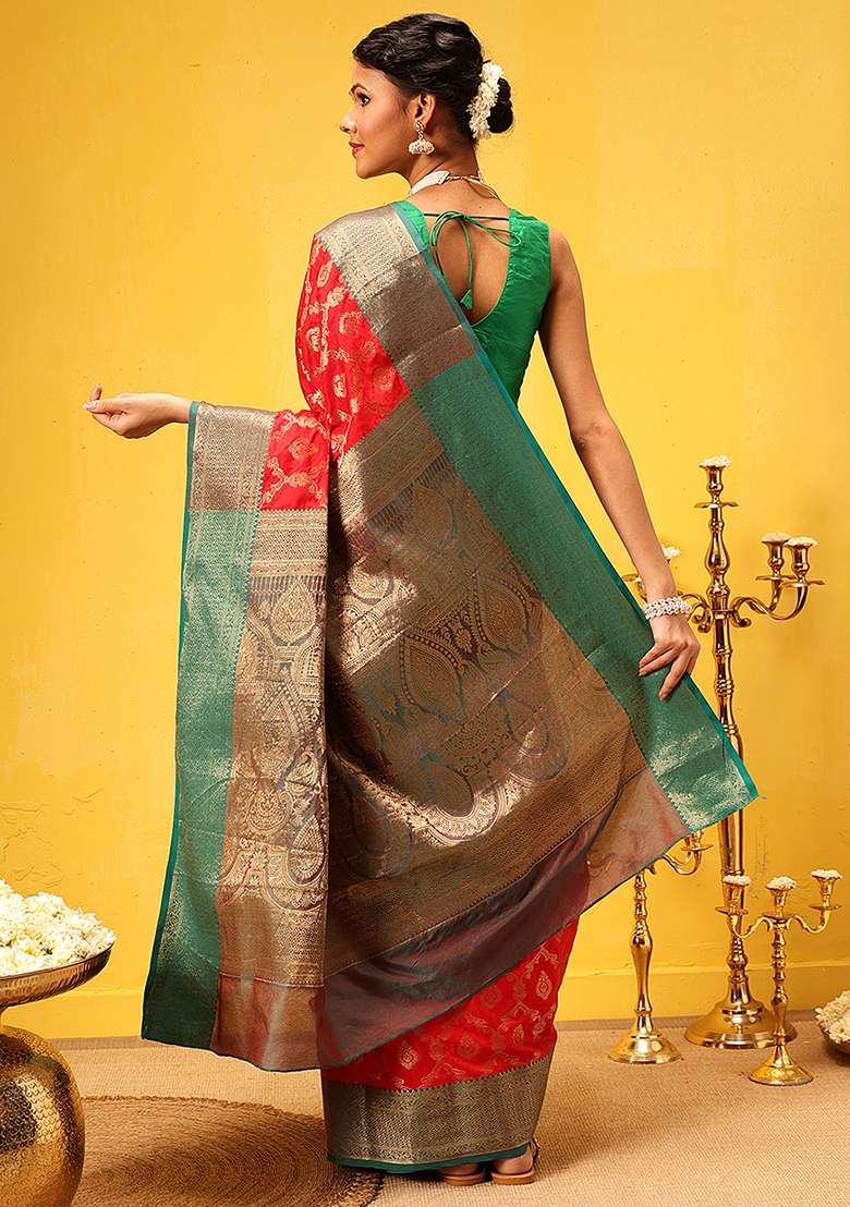 Red Embroidered Soft Silk Saree Set - Indya