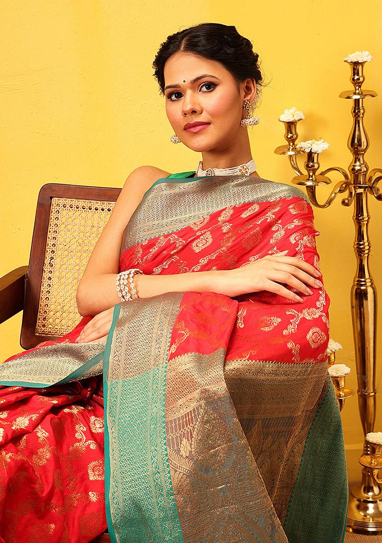 Red Embroidered Soft Silk Saree Set