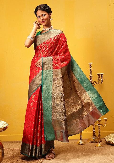 Red Embroidered Soft Silk Saree Set