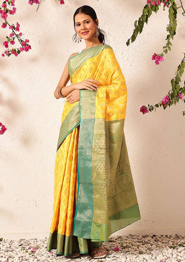Yellow Embroidered Soft Silk Saree Set - Indya
