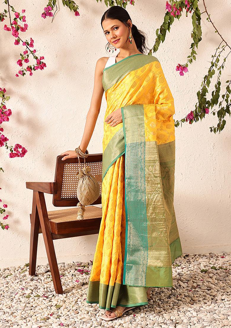 Yellow Embroidered Soft Silk Saree Set