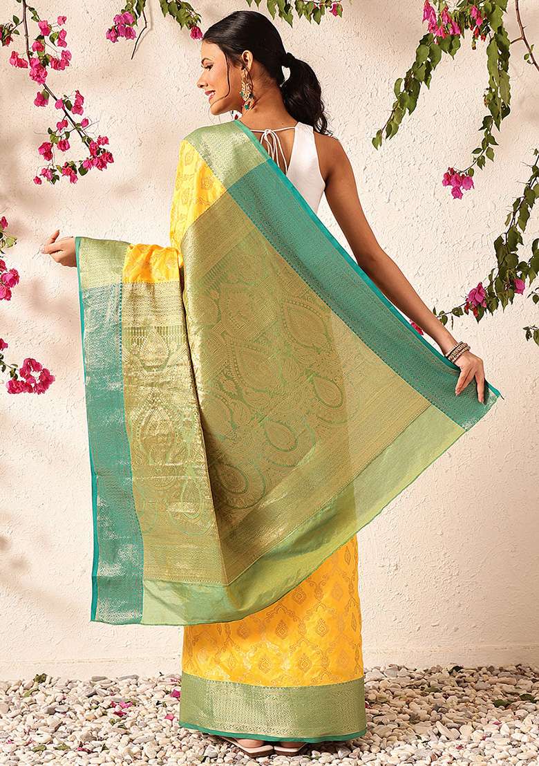 Yellow Embroidered Soft Silk Saree Set - Indya