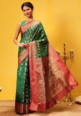 Green Embroidered Soft Silk Saree Set